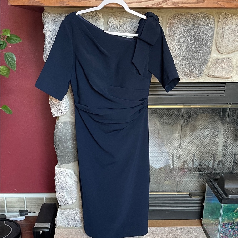 Jovani Navy One-Shoulder Sheath Dress with Bow Detail